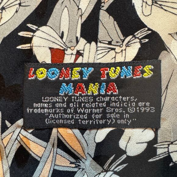 Vintage 1993 Looney Tunes Mania Bugs Bunny Cartoon Character Black Neck Tie - Picture 3 of 4